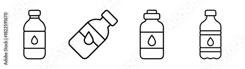 Line art icons of water bottles with water drop labels, symbolizing hydration, beverages, and liquid containers, white