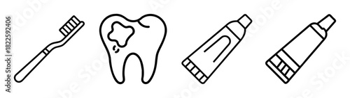 Line art icons of dental hygiene essentials a toothbrush, a tooth with a cavity, and toothpaste tubes, symbolizing oral health