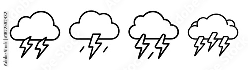 Set of four line art weather icons depicting stormy conditions with clouds, lightning, and rain
