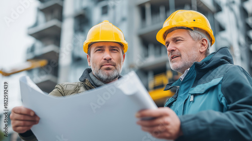 Construction workers examining building blueprints on site