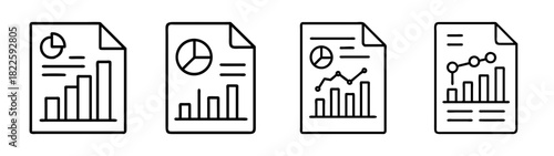 Business document icons with charts and graphs for data analysis, financial reports, and market trends, white