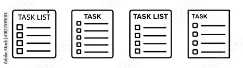 Set of task list and task icons, featuring simple outline designs for productivity, planning, and organization