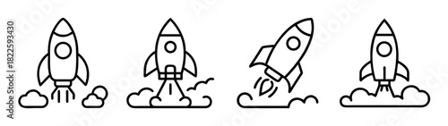 Set of line art rocket icons depicting launch, startup, innovation, and space exploration concepts