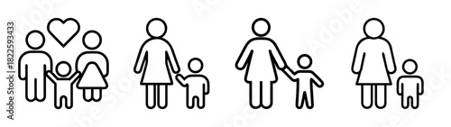 Line art icons depicting family, parenting, and love, with a couple and child, and a mother and child