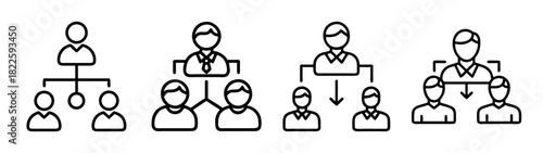 Set of line icons depicting various organizational structures, team hierarchies, and management relationships in a business context