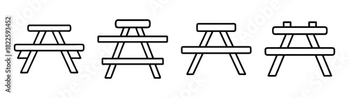 Collection of outline picnic table icons, showcasing various simple wooden outdoor furniture designs for parks and recreation