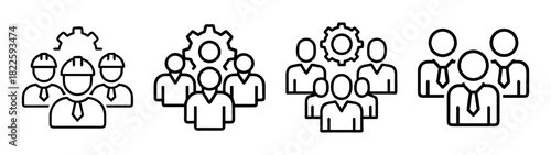 Line icons of professional teams, including construction, business, and general groups with gear symbols