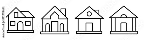 Line art collection of four distinct house icons, symbolizing residential property, home, and real estate