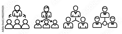 Organizational chart and team structure line icons, illustrating business hierarchy, management, and leadership white