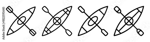 Four line art kayak icons with paddles, symbolizing water sports, outdoor recreation, and adventure
