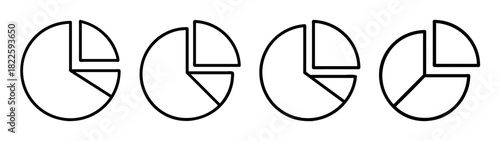 Four black and white outline pie charts depicting data, fractions, and statistics, arranged horizontally on a