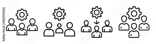 Team management and group configuration line icons with gear symbols for human resources