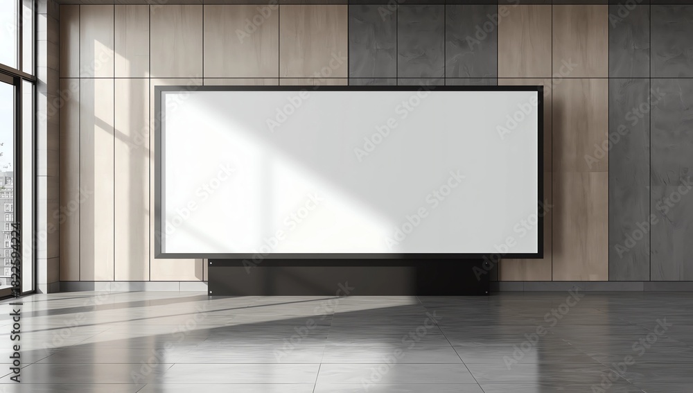 Fototapeta premium Large blank billboard screen mockup in modern architecture interior with clean light background, perfect for branding or design presentation. 3D Rendering