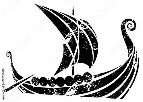 Viking Ship Sails on Water, Distressed Texture