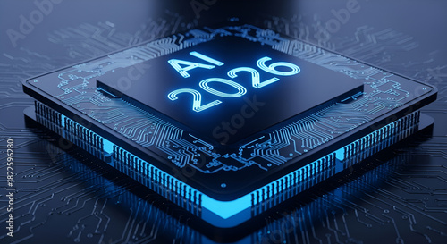 AI 2026 Microchip with Glowing Circuits - Artificial Intelligence Future Technology Concept and Innovation