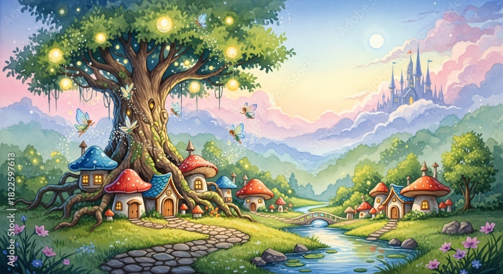 Obraz premium a fairy village with a river and a castle in the background
