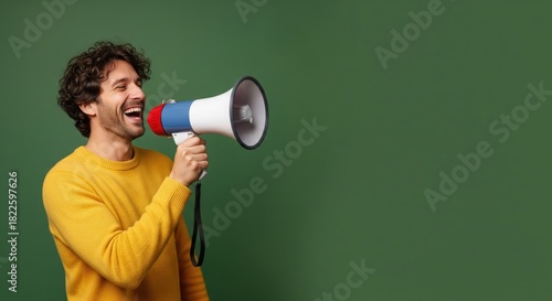 Laughing man in yellow sweater holding a megaphone announcing Black Friday deals on the left side with a dark green background and wide copy space