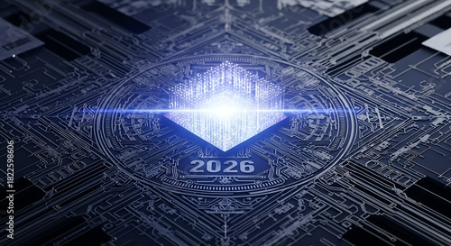 2026 Digital Future Technology Concept with Glowing Data Cube on a Circuit Board