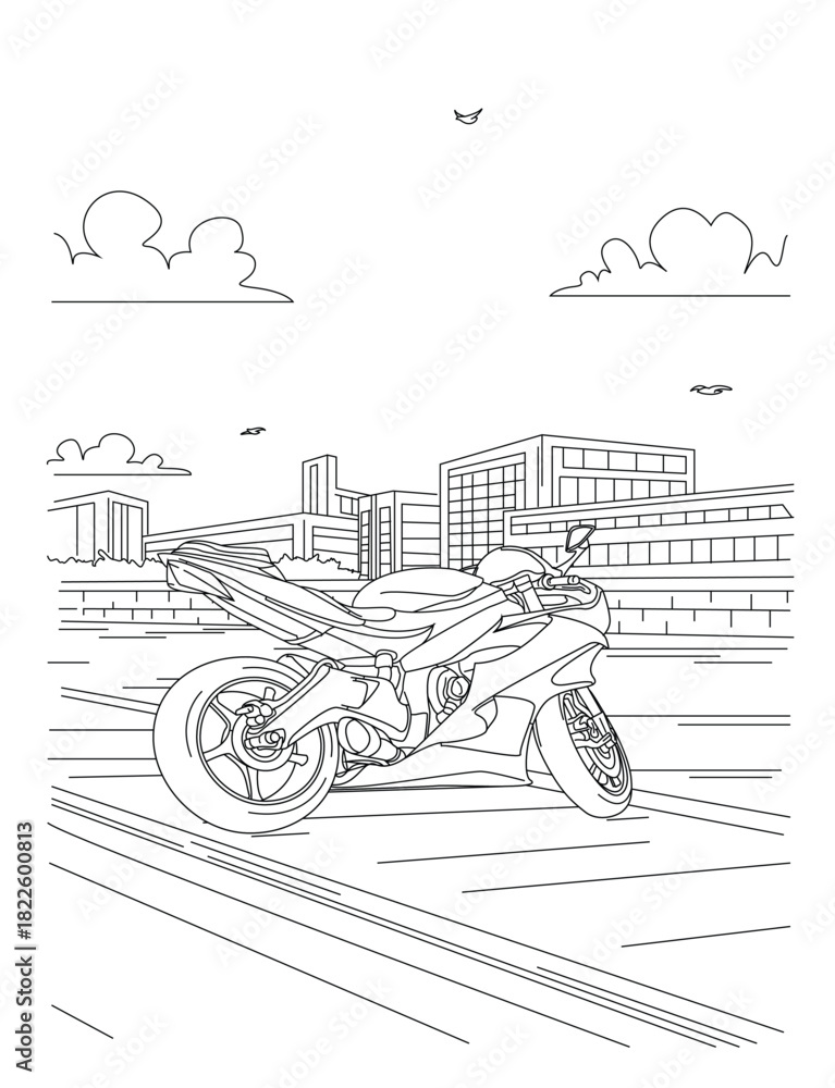 Naklejka premium Sport Motorcycle on City Street – Line Art Illustration