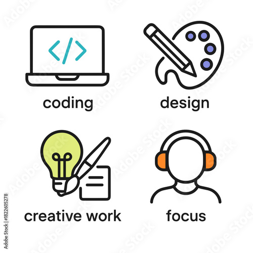 Line icon set of modern digital and creative professions, including coding, design, creative work, and focus, for freelance and remote creative workflow design.
