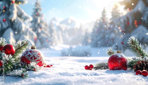 Festive Christmas ornaments rest on a snow-covered ground amidst a winter wonderland.