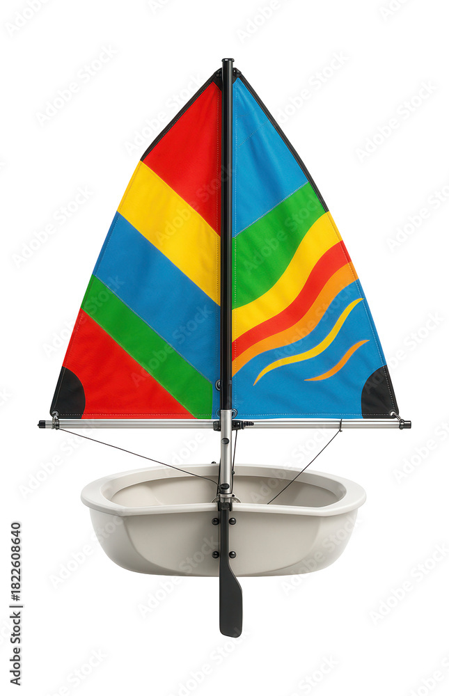 Fototapeta premium Youth sailing dinghy featuring a removable rudder and vibrant sail designs.