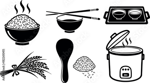 Black silhouette rice cooking icons with bowl chopsticks and rice cooker