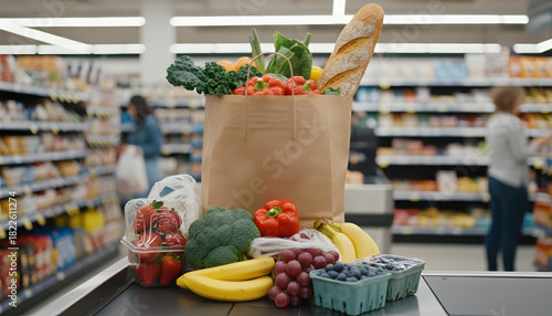 Groceries on a Conveyor Belt at a Supermarket Checkout