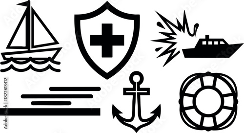 Nautical emergency and safety icons in black silhouette style