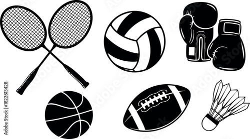 Collection of six black and white sports equipment vector illustrations