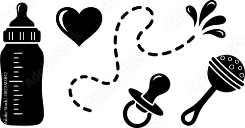 Baby feeding bottle heart pacifier splash rattle vector illustration