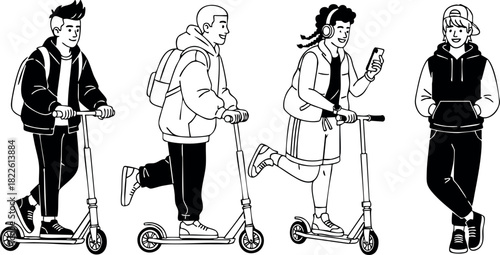 Young people riding electric scooters and a casual person standing with hands in pockets