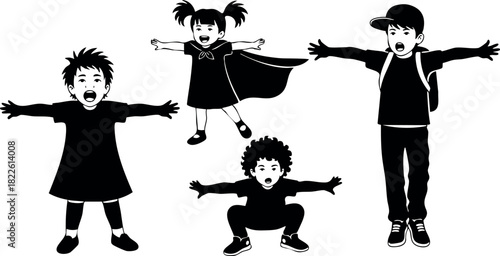 Silhouettes of children with open arms in playful poses