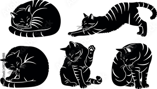Black silhouette vector set of playful and resting cats in different poses
