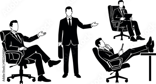 Businessman poses in office chair with briefcase and relaxed sitting positions vector illustration