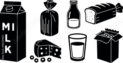 Black and white vector illustration of dairy and bakery products including milk cheese bread and egg carton