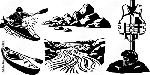 Kayaking adventure elements with river rocks life jacket and helmet vector