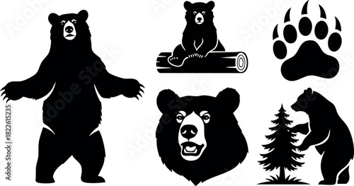 Silhouette bear vector set with bear paw and tree elements