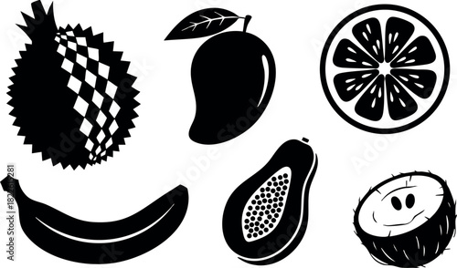 Black silhouette tropical fruits vector set with durian mango orange banana papaya and coconut