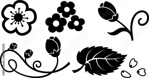 Black floral silhouettes with leaves and petals vector