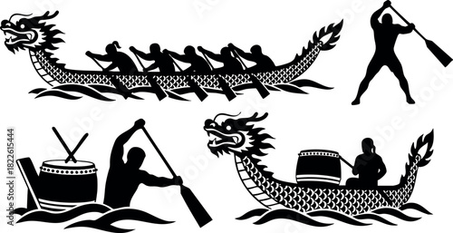 Dragon boat paddling silhouette illustration with rowers and drummer