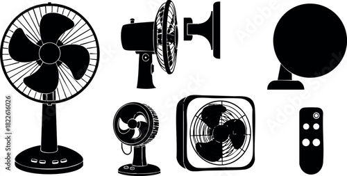 Set of black silhouette electric fans with remote control vector illustration