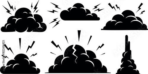 Black silhouette thunderstorm clouds with lightning vector illustration