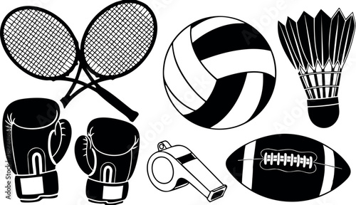 Black and white sports equipment icons including boxing gloves tennis rackets volleyball shuttlecock whistle and football
