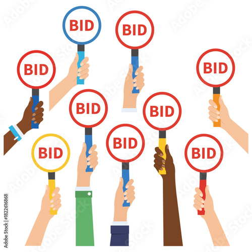 Auction Bidding Hands Raise Signs Bidder Participation Investment Strategy Economy Financial Markets Competition Diverse