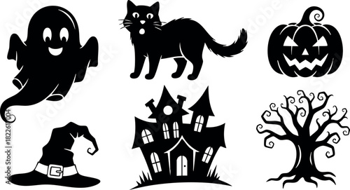 Halloween icons ghost cat pumpkin haunted house witch hat spooky tree black silhouette