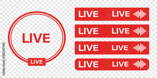 Live Streaming Broadcast Icons Set Red Circle Rectangle Banners with Waveforms Online Media Video News Channel TV