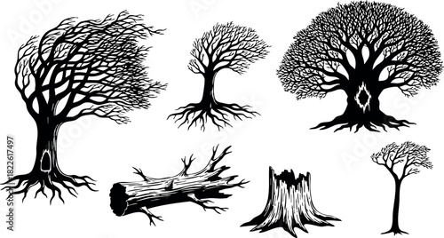 Silhouettes of various trees and tree elements vector illustration