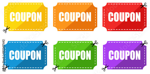 Colorful Coupon Vector Set Discount Deals Special Offers Savings Promotion Loyalty Paper Cuts Scissors Marketing Sales