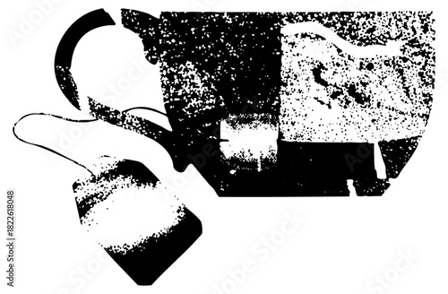 Teapot pours tea into cup halftone illustration